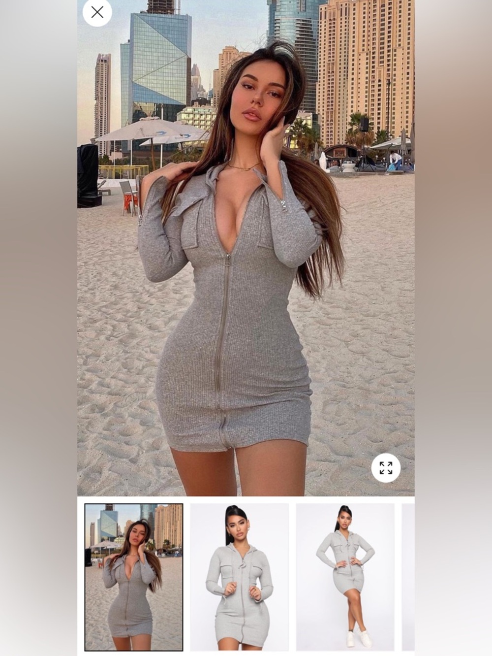 Ribbed Zip-Front Bodycon Mini Dress - Gray